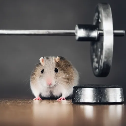 Image similar to “photograph of hamster lifting weights, sharp focus, hd, 8k”