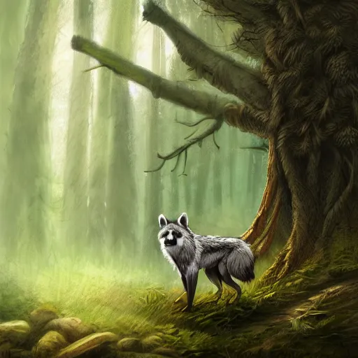 Image similar to a woodland druid in a forest with a wolf bird and racoon, photorealistic, in the style of greg rutkowski, digital painting