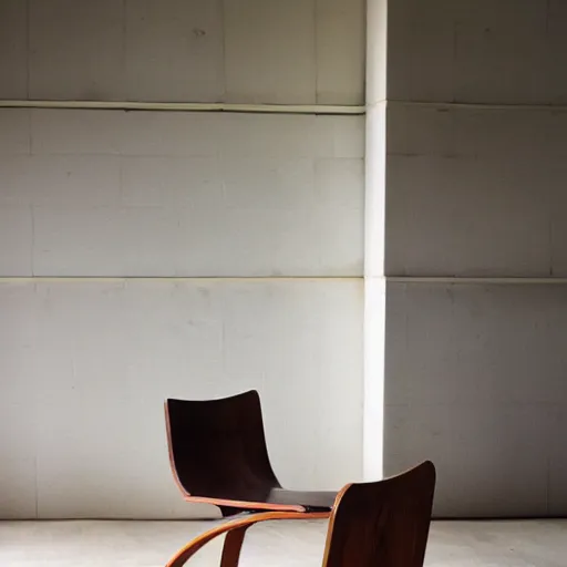 Image similar to midcentury modern wooden chair in the style of mies van der rough high end photoshoot