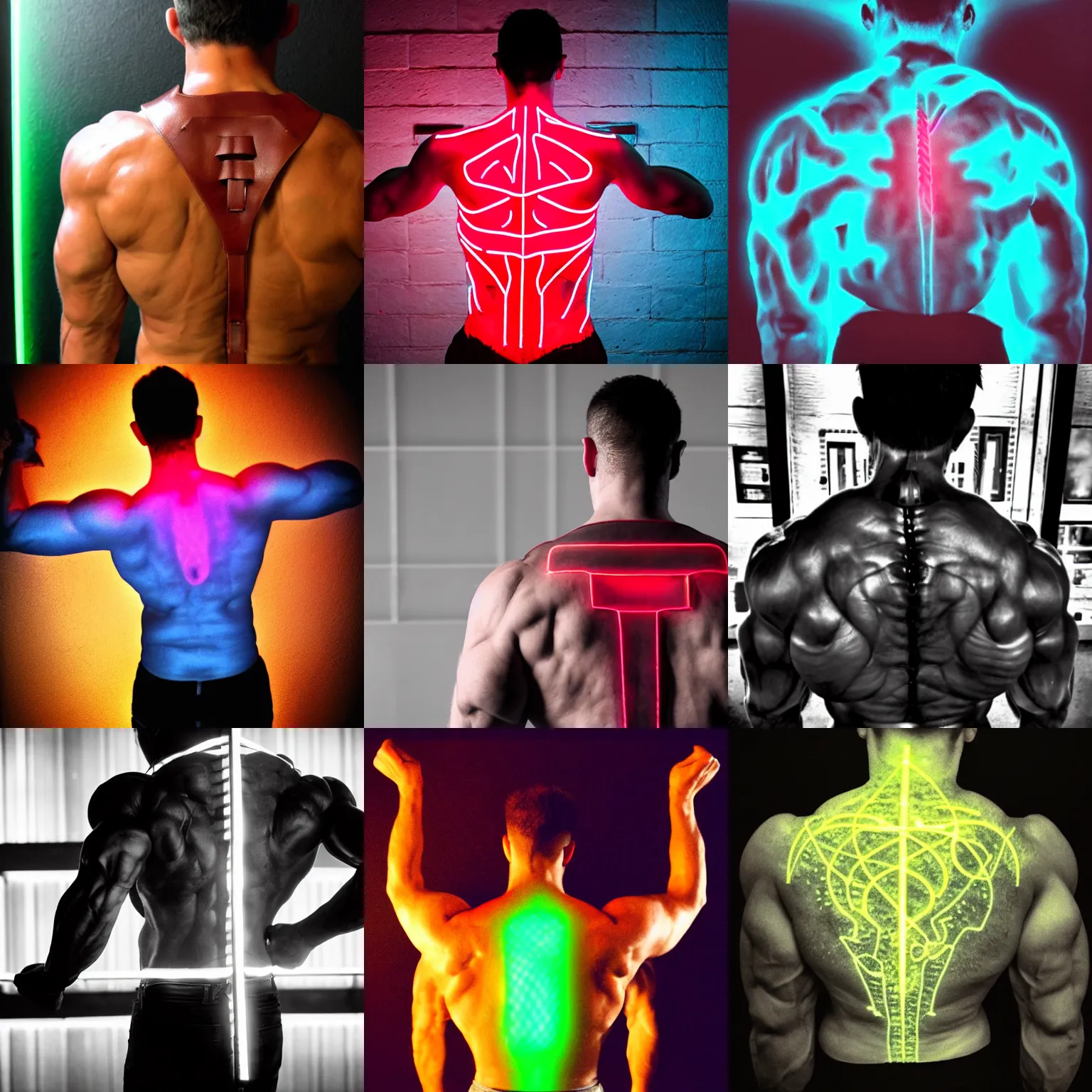 Prompt: back shot, looking away from viewer, sci - fi man by mental alchemy. defined trapezius muscles. leather, sweat, glowing neon light