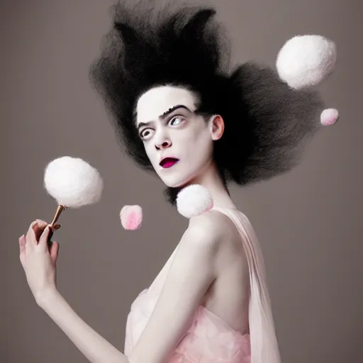 Image similar to portrait of a cute smiling bride of frankenstein with soft pink and white cotton fluffy balls floating in image, fashion photography, highly detailed, digital photography by jheronimus bosch and james jean and james rutkowski, fashion photography