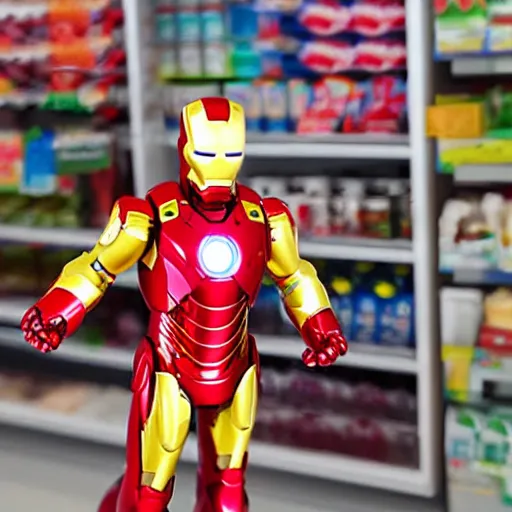 Image similar to Iron Man working as a 7/11 cashier, macro, wide shot, very detailed