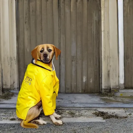 Prompt: a dog with a yellow lab coat, stock photo