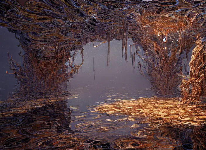 Prompt: an unnatural shattering of illuminated nacreous nurbs suspended in an intricate reflective bog, designed by Larry Elmore Kerlaft and Pixar, photorealistic, 3d render, award winning render, unreal engine, octane render, studio lighting, 8k, hd