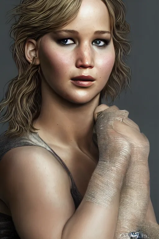 Image similar to painting of jennifer lawrence,, ultra realistic, sharp details, subsurface scattering, intricate details, warm lighting, beautiful features, highly detailed, photorealistic, octane render, 8 k, unreal engine, art by artgerm and greg rutkowski and alphonse mucha
