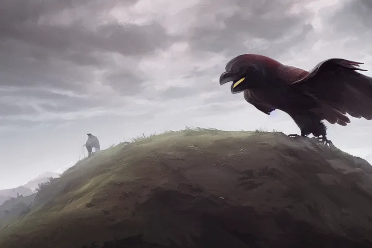 Image similar to red - eyed scary gigantic crow standing on top of a hill, looking down, cloudy sky in the background, digital painting, epic, pokemon style, earth type pokemon, smooth, trending on artstation, professional painting, made by greg rutkowski