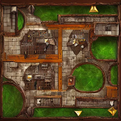 Prompt: D&D tabletop game map of tavern interior from top down view, orc themed, dark, evil looking, very realistic, cinematic lighting, CGI render, trending on artstation