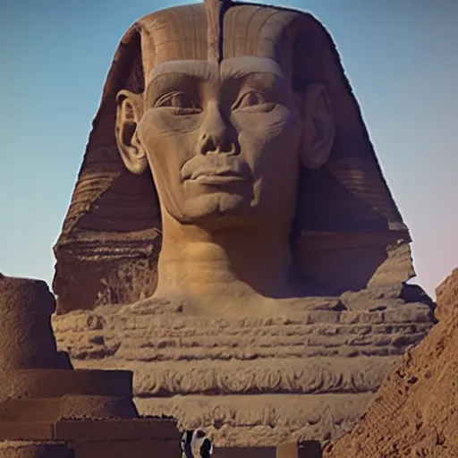 Image similar to Donald Trump with sphinx body, realistic artstyle, wide shot, dramatic lighting, octane render, hyperrealistic, high quality, highly detailed, HD, beautiful, cinematic, 8k, unreal engine, facial accuracy, symmetrical