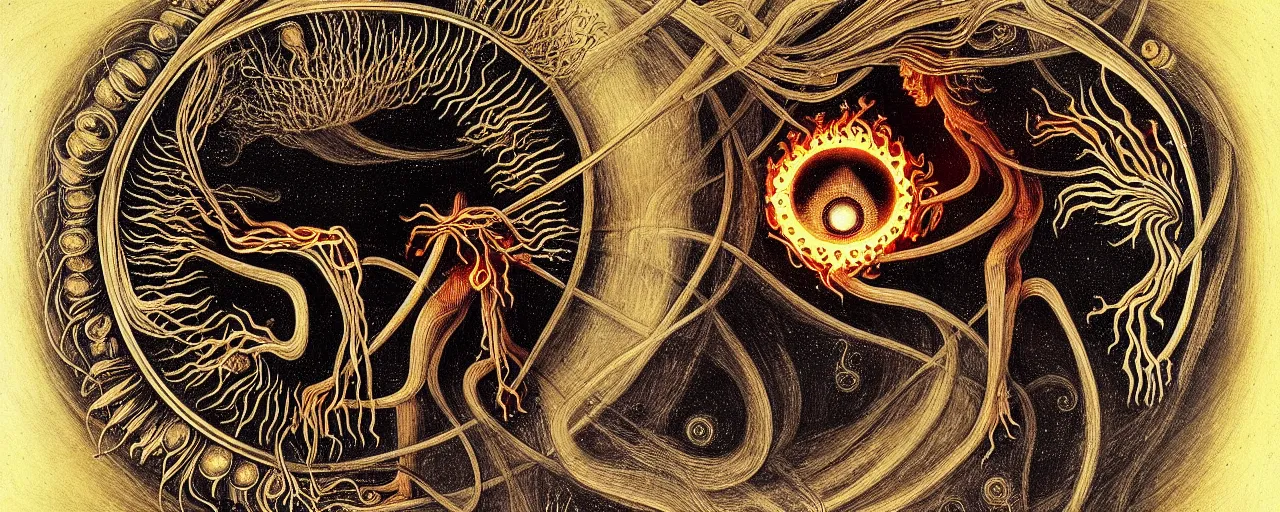 Image similar to a strange fire creature with endearing eyes radiates a unique canto'as above so below'while being ignited by the spirit of haeckel and robert fludd, breakthrough is iminent, glory be to the magic within, in honor of saturn, painted by ronny khalil