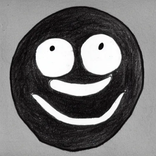 Prompt: primitive drawing of smiling circle face with thumb up hand and red eyes.