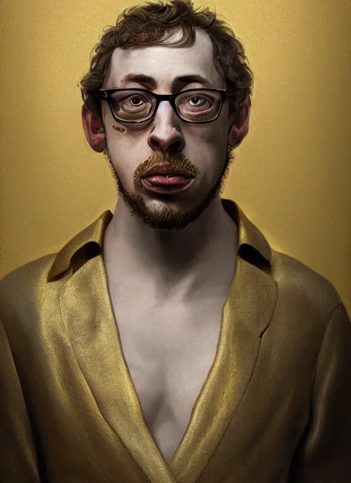 Prompt: Sam Hyde in gold suit, sigma male, accurately portrayed, portrait art by Hieronymus Bosch, highly detailed, digital painting, concept art, illustration, horror element, very detailed, smooth, sharp focus, octane render, close up