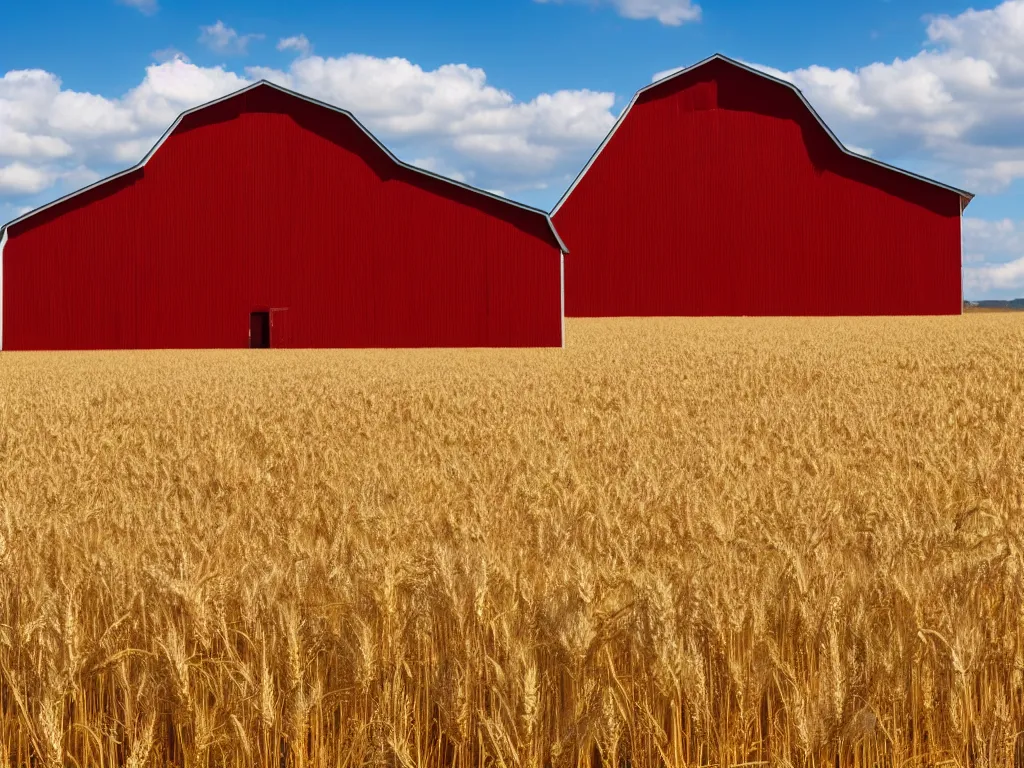 Image similar to A single isolated old red barn next to a wheat crop at noon. Blue sky, award winning photography, wide shot, surreal, dreamlike.