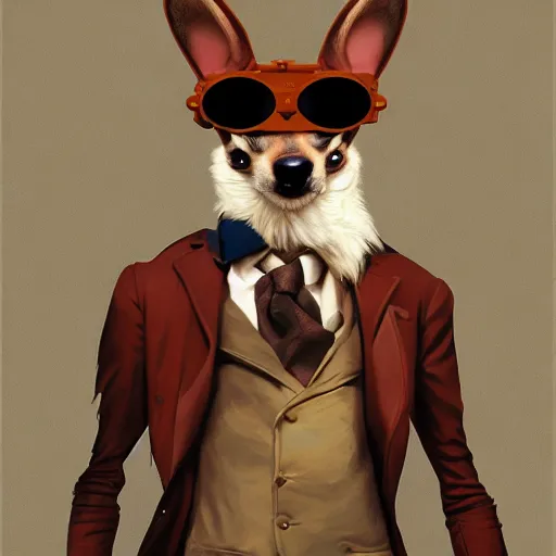 Image similar to ripped physique goggles collar Man Steampunk portrait Sherlock Patrick Bateman snout Detective Anthropomorphic furry fuzzy fashion vogue Chihuahua man wearing a Chihuahua costume wearing an engineer gnome costume gerald brom bastien grivet greg rutkowski norman rockwell portrait face head snout ears eyes illustration tombow