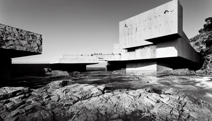 Image similar to big brutalist base perched on a cliff overlooking a magnificient bay, drawing architecture, pritzker architecture prize, greig fraser