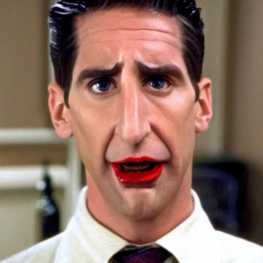 Prompt: Ross Geller as The American Psycho looking at you in psychopathic disbelief after you tell him you ate his sandwich with the moist-maker