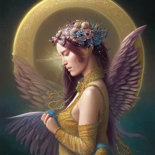 Image similar to A beautiful digital painting of a female Seraphim full of jewels, princess, the moon behind her, intricate, cinematic lighting, highly detailed, digital painting, Artstation, concept art, smooth, sharp focus, illustration, art by Tom Bagshaw, Artgerm and Greg Rutkowski