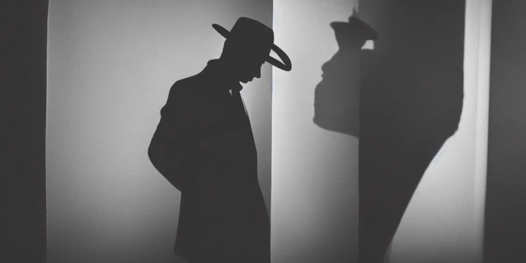 Image similar to man wearing a fedora, medium shot, neo noir, chiaroscuro lighting, cinematic, atmospheric, 35mm lens