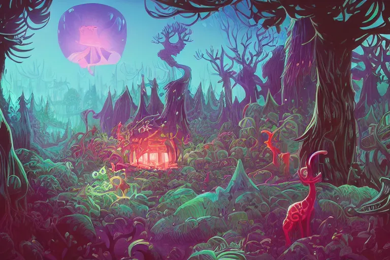 Prompt: An amazing mystical forest with weird creatures by oward Arkley, Anton Fadeev and Dan Mumford