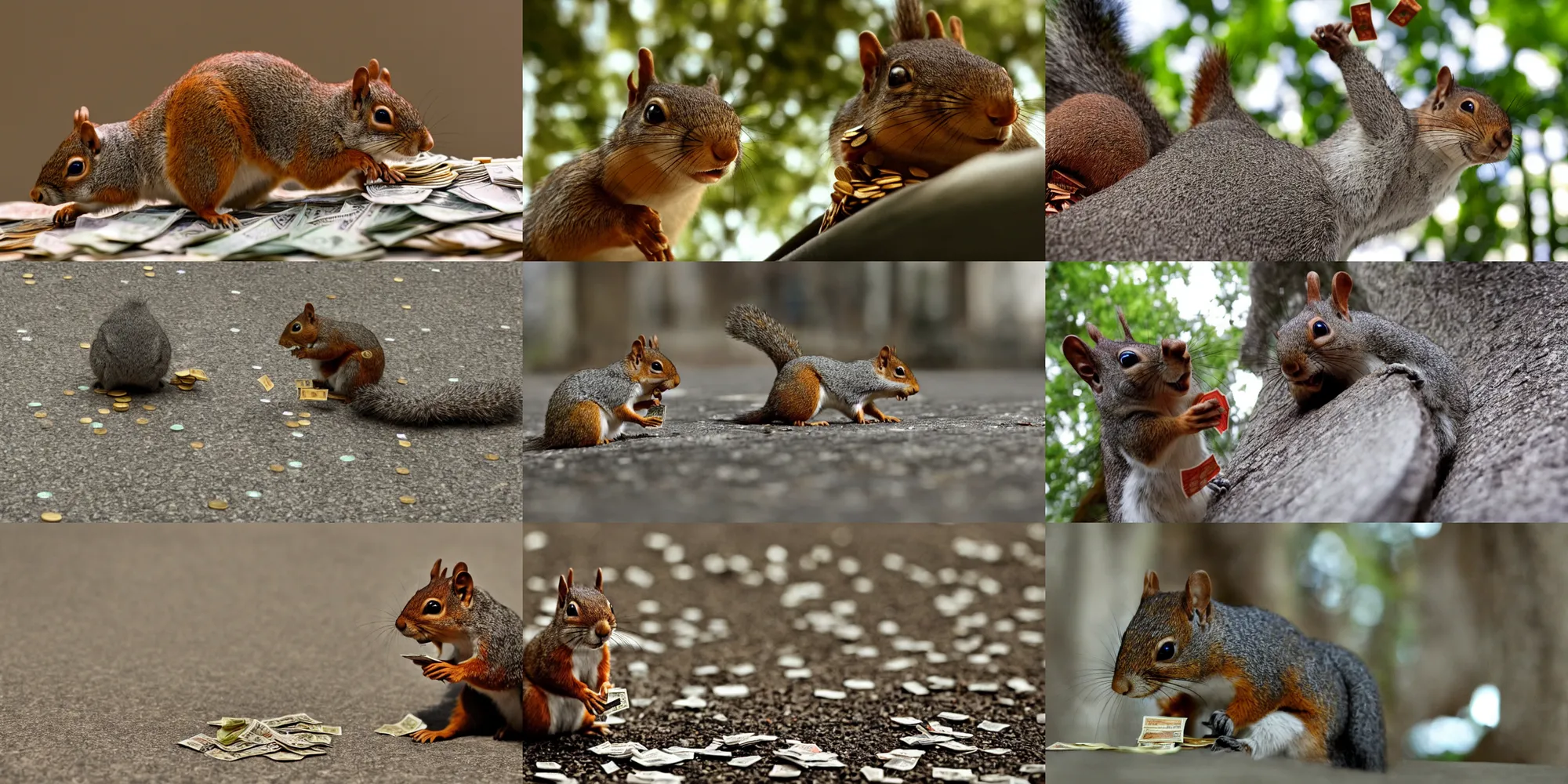 Prompt: Film Still, Gangster squirrel counting his money, low angle, shot from below, worms eye view.