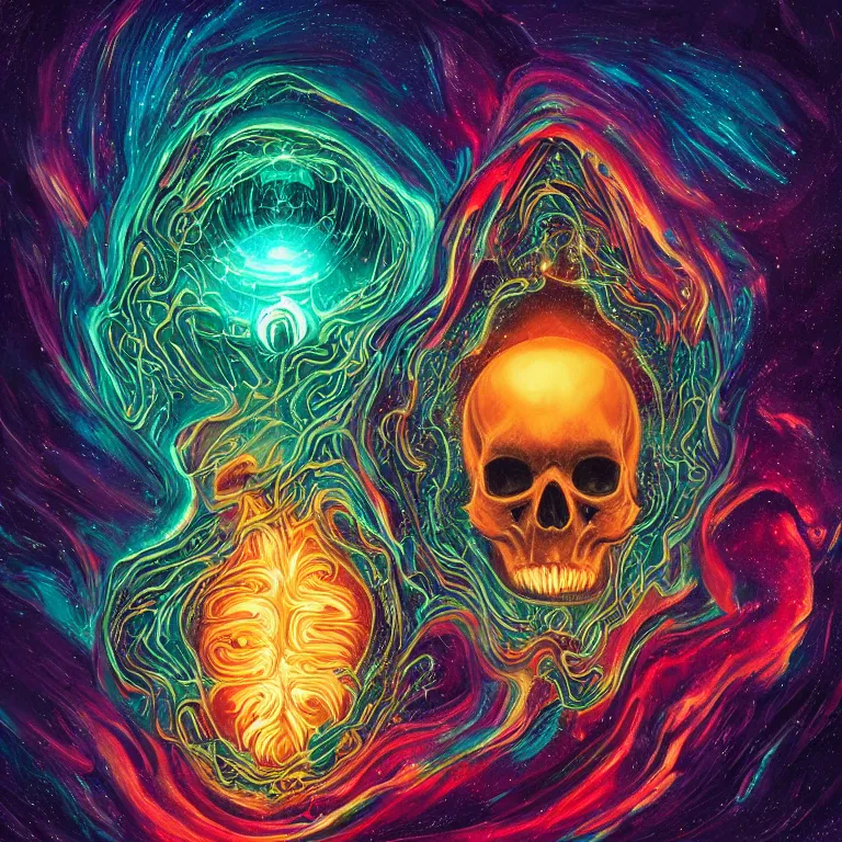 Image similar to a centered giant skull with intricate rune carvings and glowing eyes with thick lovecraftian tentacles emerging from a space nebula by dan mumford, symmetry, twirling smoke trail, a twisting vortex of dying galaxies, digital art, vivid colors, highly detailed