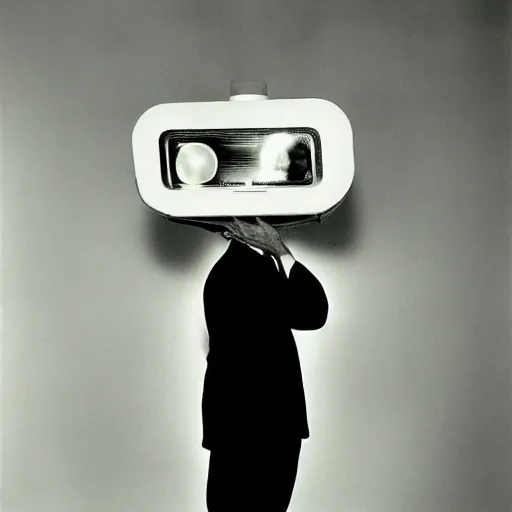 Prompt: man with projector head, 1960 photograph