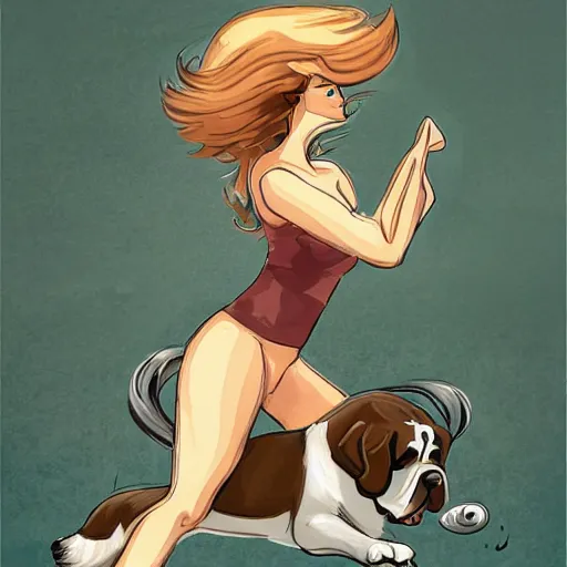 Image similar to girl riding a giant saint Bernard at the beach catching a frisbee, trending on artstation
