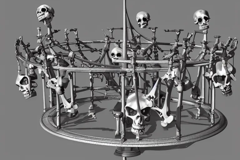 Prompt: 3d sculpt of an evil ironwork carousel made of bones and skulls, artstaton, League of Legends, overwatch, digital illustration