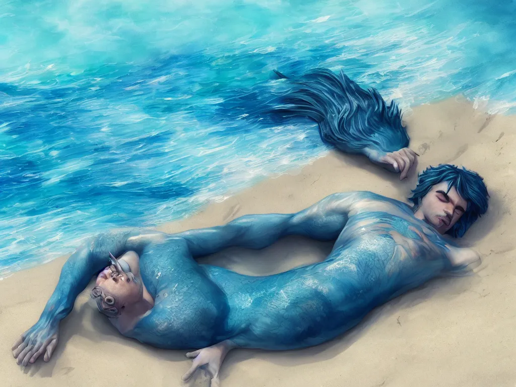 Prompt: a merman lying on white beach,blue water, intricate, highly detailed, artstation trending, ray tracing, cinematic, art by jocelin carmes, concept art, 4k detail post processing, cinematic