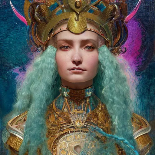 Prompt: octane render, artstation, 8 k, intricate detail, hyper detail, portrait by gaston bussiere, greg rutkowski, sandro botticelli, tan lady of elche, egyptian sumerian features, techno mystic goddess princess intergalactica inanna with aqua neon rapunzel dreadlocks,