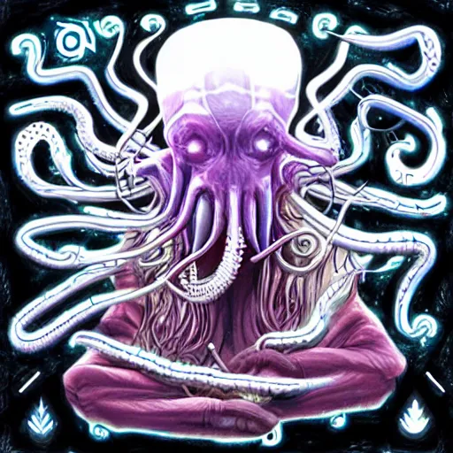 Prompt: ilithid mindflayer with headphones playing synthesizers, D&D, sigils, glowing candles,