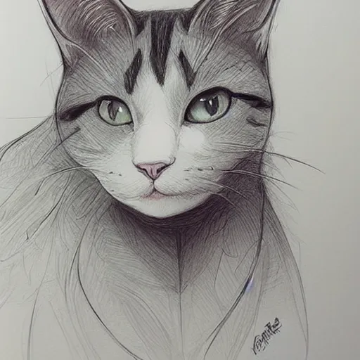 Image similar to beautiful pencil drawing of a cat by the artist loish, flowy lines, colorful, bright, cheerful, done in procreate, very beautiful sketch by loish