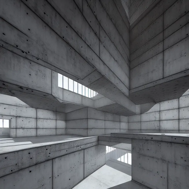 Image similar to Concrete gray multi-layered underground structure with multiple floors and a plus-shaped cleft in the center. Inside view, layers, straight lines, corners, high detailed, details, ultra realistic, photorealism, 8k, wide shot, symmetrical, brutalism, ray of light, architecture, volumetric lighting, cinematic, shadows