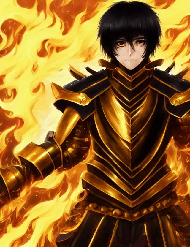 Image similar to a detailed manga portrait of a black haired man with hazel eyes in gleaming golden armour that burns with golden fire, trending on artstation, digital art, 4 k resolution, detailed, high quality, sharp focus, hq artwork, coherent, insane detail, character portrait