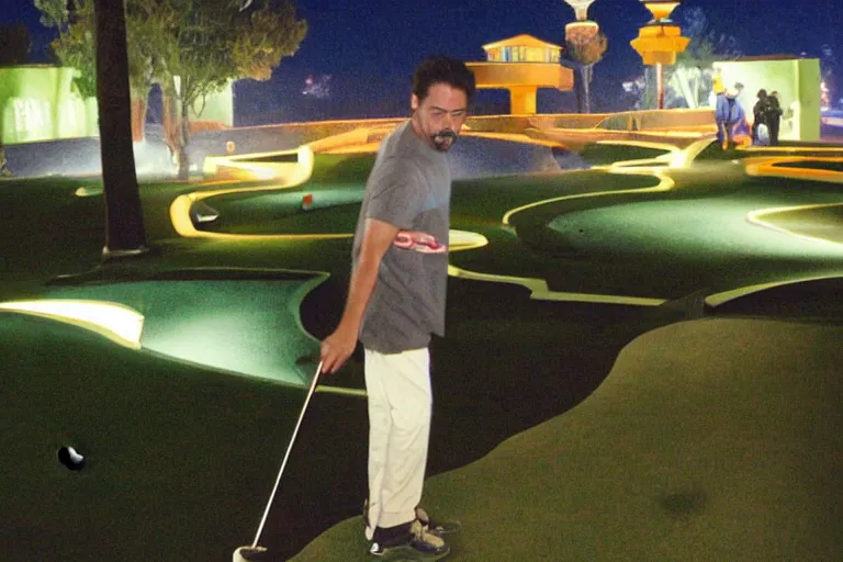 Prompt: tony stark playing mini golf in nevada, fog, mid night, 2000s photo