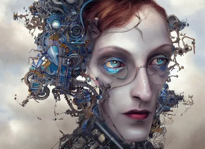 Image similar to A digital painting of a face surrounded by clouds, a surrealist painting by Android Jones, CGsociety, pop surrealism, steampunk, dystopian art, surrealist