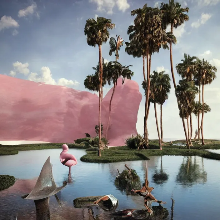 Prompt: hyperrealistic random objects in a surreal minimalistic dreamscape environment by salvador dali, enormous pink mannequin head statue, highly detailed, 3 d render, vray, octane, beautiful lighting, photorealistic, intricate, elegant, wayne barlowe, water, mirrors, doorway, beautiful, masterpiece, trending on artstation, artgerm, checkered floor, palm tree