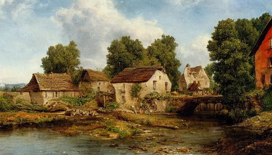 Image similar to a beautiful view of a mill next to a strem, by hermann ottomar herzog