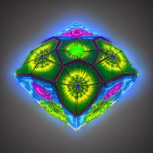 Image similar to a hyperrealistic 3D render of a dodecahedron made entirely of tie dyed Mandelbrot fractals, 8k, 4K, glowing, neon, dramatic lighting, volumetric lighting, octane render,