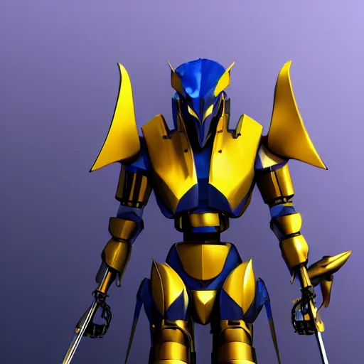 Image similar to dark blue anthro mecha dragon holding a yellow sword, photorealistic, 4k, artstation, 8k wallpaper, unreal engine 5, ue5