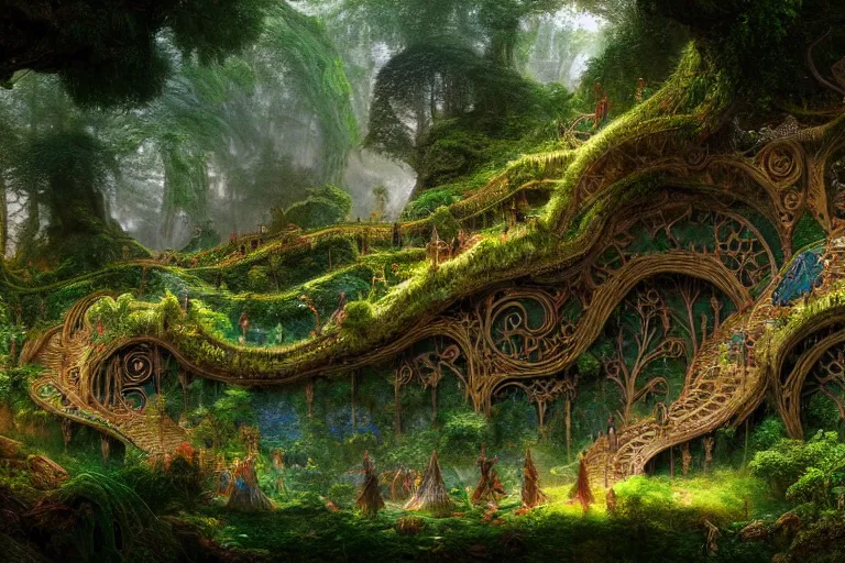 Prompt: a beautiful and highly detailed digital painting of an elven construction in a lush valley in the misty mountains, psychedelic patterns, intricate details, epic scale, 8 k, sharp focus, photorealism, artstation, cgsociety, by caspar friedrich, albert bierstadt, james gurney, brian froud,