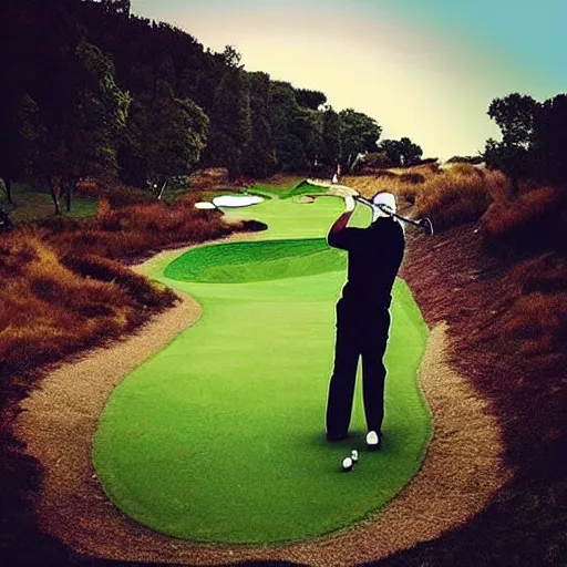 Image similar to “ a photo of a man playing extremely dangerous golf on an alien planet ”