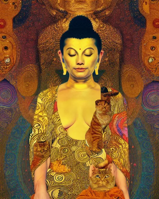 Prompt: buddha cat portrait an oil painting splashes with many colors and shapes by gustav klimt greg rutkowski and alphonse mucha, polycount, generative art, psychedelic, fractalism, glitch art