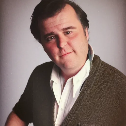 Image similar to clean - shaven portly white man with neatly styled black hair in his 4 0 s is wearing a dress shirt sweater - vest trouser dress shoes. his is standing in front of a mirror, taking a photo of himself. faded polaroid from 1 9 8 5