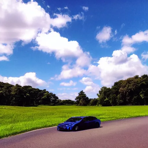 Prompt: late afternoon drifting, sunny afternoon blue slightly cloudy sky grassy green hill