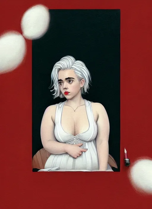 Image similar to full body portrait, kiernan shipka as sabrina spellman, white hair, obese, bangs, sultry, realistic, sultry smirk, fluffy bangs, curly bangs, fat, belly, intricate, elegant, highly detailed, digital painting, artstation, concept art, smooth, sharp focus, illustration, art by wlop, mars ravelo and greg rutkowski