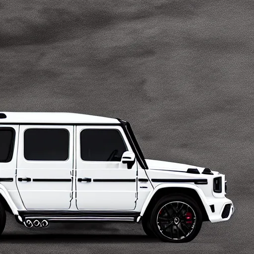 Prompt: White 2019 Mercedes G63, photorealistic, highly detailed, digital painting, artstation, concept art, smooth, sharp focus, illustration, art by John Baeder