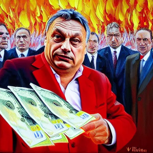 Image similar to viktor orban burning cash, oil painting