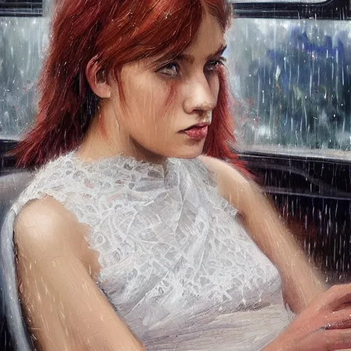 Prompt: anna carlos as a hot girl in a train, detailed lace dress, gorgeous face portrait, expressive oil painting, matte art, trending on artstation, rainy weather, train window