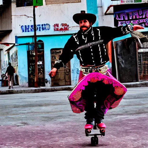 Image similar to A Mexican charro in a cyberpunk city riding a flying skateboard