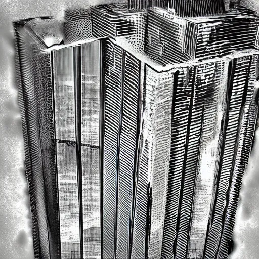 Prompt: Twin Towers collapse in black glass, digital art